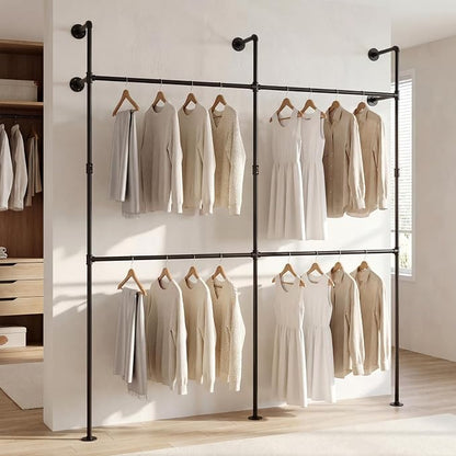 Giantex Industrial Pipe Clothing Rack, 79" Wall Mounted Heavy-Duty Metal Garment Organizer with 4 Hanging Rods, 2-Tier Walk-in Closet System for Wardrobe Closet, Retail Display