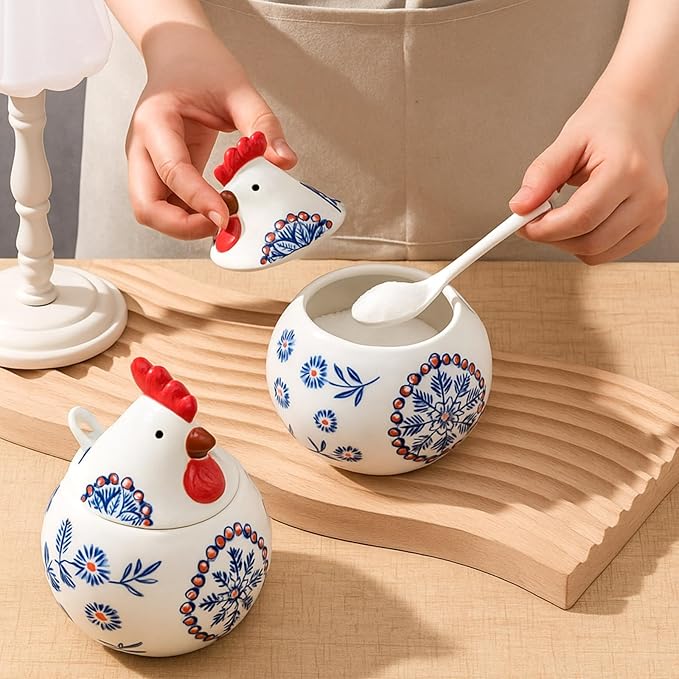 LemonRoad 2 Pcs Ceramic Salt Cellar with Lid and Spoon, 13oz Large Chicken Rooster Cookie Jar Salt Containers Holder for Countertop Spices, Ideal for Adding Charm to Kitchen Christmas Decor(Blue)