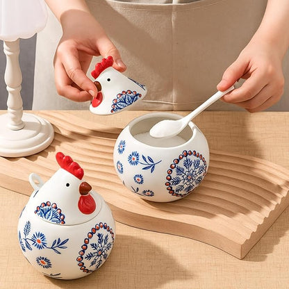 LemonRoad 2 Pcs Ceramic Salt Cellar with Lid and Spoon, 13oz Large Chicken Rooster Cookie Jar Salt Containers Holder for Countertop Spices, Ideal for Adding Charm to Kitchen Christmas Decor(Blue)