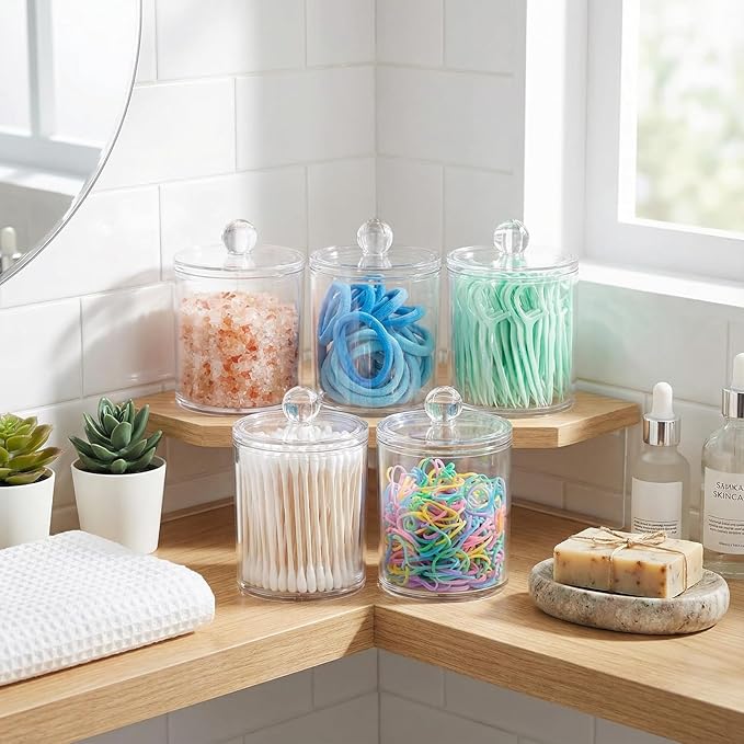 SheeChung 3-Pack Clear Acrylic Qtip Holder with Labels – Shatterproof Plastic Apothecary Jars for Bathroom Organization – Vanity Cotton Swab Holder Canisters for Cotton Balls,Pads,Floss Picks