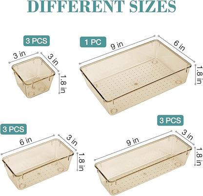 StorMiracle 10 PCS Drawer Organizer Set, 5 Varied Size Bathroom and kitchen Drawer cabinet organizer Trays, Clear Storage Bins for Makeup, Jewelry, Utensils and Gadgets, Champagne