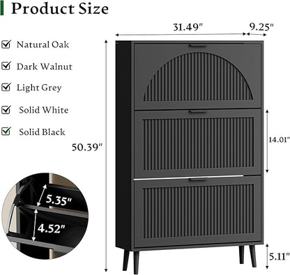 Xixini Shoe Storage Cabinet with 3 Flip Drawers, 50" Tall Narrow Wood Fluted Shoe Organizer for Entryway, Freestanding Wooden Hidden Slim Shoe Rack for Front Door Entrance, Hallway, Foyer, Solid Black