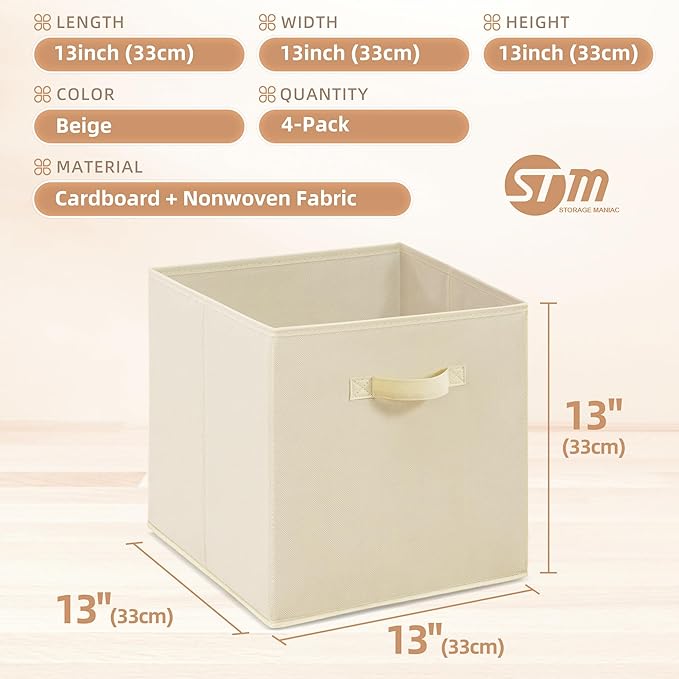 STORAGE MANIAC Storage Cubes, 13 Inch Collapsible Storage Bins with Handles, 4 Pack Fabric Foldable Bins for Organization, Durable Storage Bins for Closet, Shelves, Offices, Toys, 4-Pack Beige