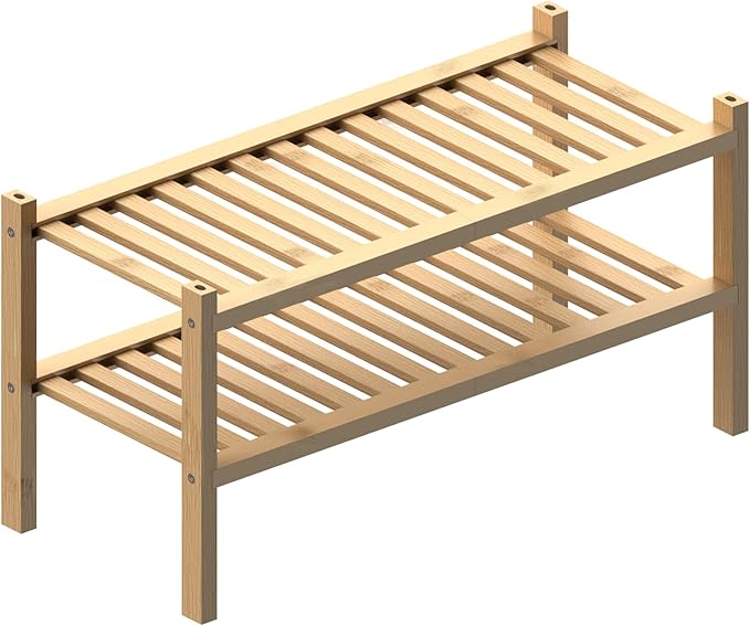 ROMGUAR CRAFT (Thick Bamboo Shoe Rack for Entryway, 2-Tier Free Standing Shoe Racks Stackable Shoe Rack Organizer for Hallway Closet Living Room 27 x12 x14 Inches