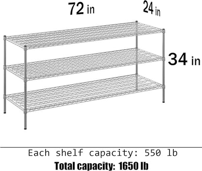 24" Deep x 72" Wide x 34" Height Wire Shelving Kit | 3-Tier | NSF Commercial Storage Rack Unit