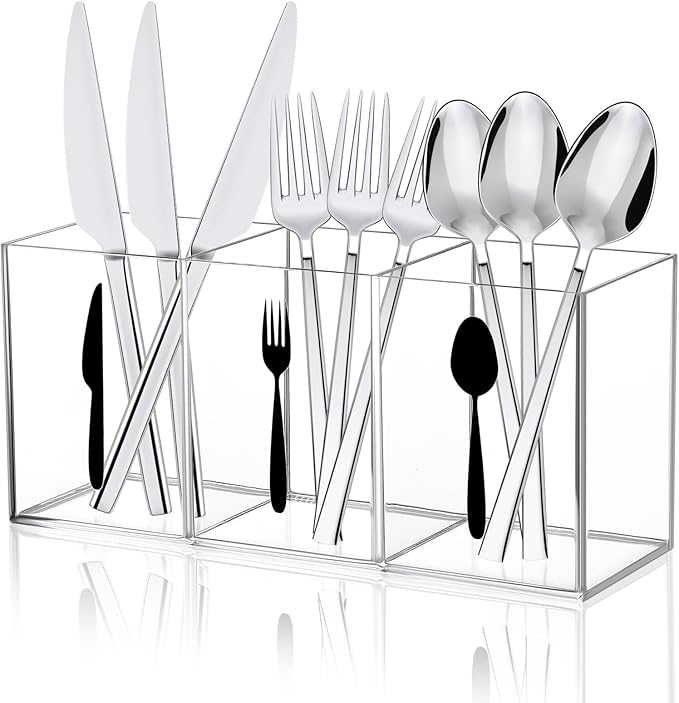 Acrylic Cutlery Storage Organizer Bin Clear Acrylic Silverware Caddy Utensil Holder 3 Compartment Cutlery Caddy Plastic Tableware Silverware Holder for Countertop Kitchen Party Buffet Picnic
