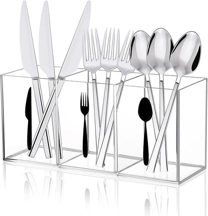 Acrylic Cutlery Storage Organizer Bin Clear Acrylic Silverware Caddy Utensil Holder 3 Compartment Cutlery Caddy Plastic Tableware Silverware Holder for Countertop Kitchen Party Buffet Picnic