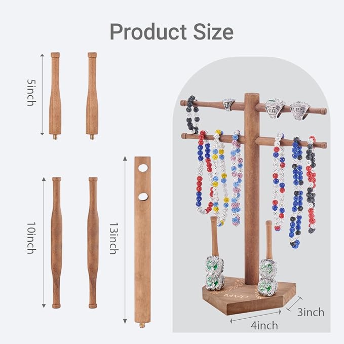 NEW Wooden Baseball & Softball Championship Ring Holder with Drip Necklace Display – Sports Organizer Baseball Gifts for Jewelry & Awards(MVP)