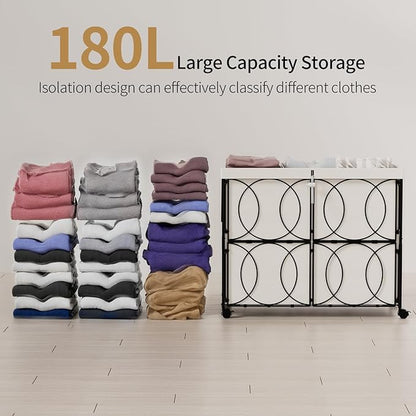 Laundry Hamper with 3 Section, Large 180L Rolling Laundry Basket with Wheels, Metal Heavy Duty Laundry Hamper with Detachable Bags, Dirty Clothes Hamper Organizer for Bedroom, Bathroom(Beige)