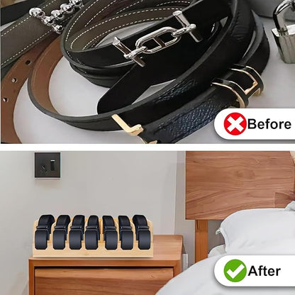 GTI Belt Organizer, 7 Compartments Belt Organizer for Closet and Drawer, Bamboo Display Case for Tie and Belt, Belt Storage Organizer for Men Women (Wooden)