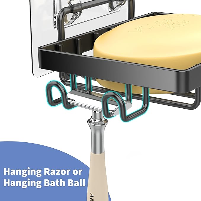 Moforoco Black Soap Dish, Soap Bar Holder for Shower, No Drilling Bathroom Accessories, Wall Mounted Soap Holder with Hooks, Shower Rack Tray Bar for Suitable for Bathroom, Kitchen Sink