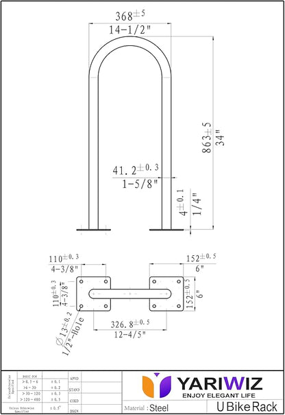 (1 Loop -2 Bike Capacity) Yariwiz Ground Bike Rack U Shaped Flange Mount Commercial Bike Rack for Outdoor, Stores, Parks and Schools, Steel Construction, Black Powder Coat Finish