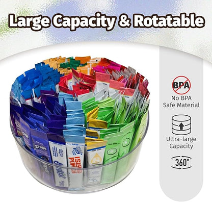Drink Packet Organizer for Powdered Drink Mix,Powder Packet,Water Packet,Water Flavor Packet,Lazy Susan Organizer for Drink Mix Rotating Holder for Necessities