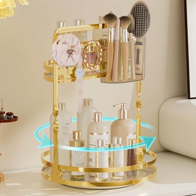 360 Rotating Makeup Organizer for Vanity, Gold Perfume Organizer, 2-Tier Lazy Susan for Bathroom Counter Organizer, Large Spinning Skincare Dresser Storage with Brush Holder & Jewelry Hooks