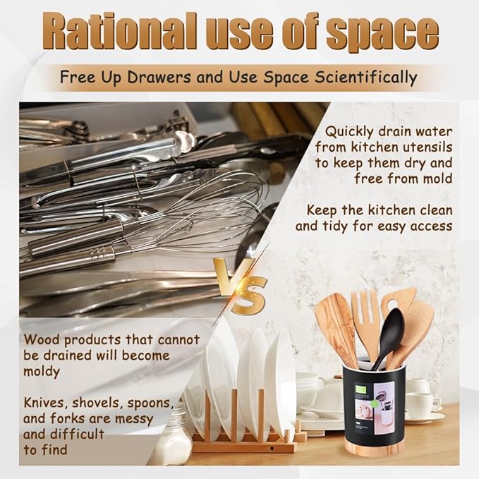 Kitchen Utensil Holder Tableware Storage Bucket, Spoon Chopsticks Fork Drain Rack Utensil Crock for Counter, Household 3-Format Tableware Drainer with Removable Divider and Wooden Base