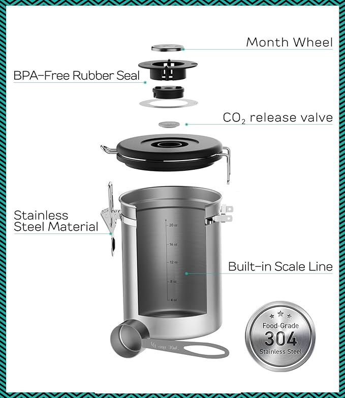 Coffee Gator Coffee Canister - 22oz, Airtight Stainless Steel Kitchen Food Storage Container with Date Tracker, Scoop for Grounds Coffee Bar Accessories, Beans, Tea, Sugar, Flour, Cereal - Silver