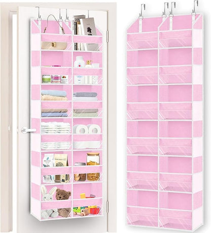 Over The Door Organizer 6 Tiers, Extra Large Behind Door Storage of 12 Compartments, 80 lbs Weight Capacity Hanging Storage Organizer with Clear Window Kids Toys,Shoes,Diapers,Room Storage,Pink