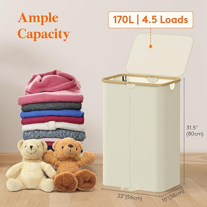 Lifewit 170L Double Laundry Hamper with Lid, Large Laundry Basket with Removable Bag & Bamboo Handles, Fodable Tall Dirty Clothes Hamper for Laundry Collapsible Bin for Bathroom Bedroom Dorm, Beige
