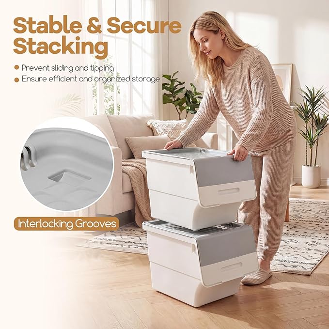 Giantex Plastic Stackable Storage Bins with Lids & Wheels, 3 Pack Open Front Stacking Bins, Organizer Bins for Pantry, Kitchen, Laundry, Closet, Playroom, Bedroom Organization (35 QT)