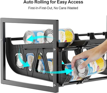 iSPECLE Expandable Can Organizer for Pantry, 2 Pack Large Capacity 120 Cans Can Storage Organizer Pantry Rack, Auto Rolling Dispenser & Stackable Wire Holder for Deep Pantry Shelves, Black