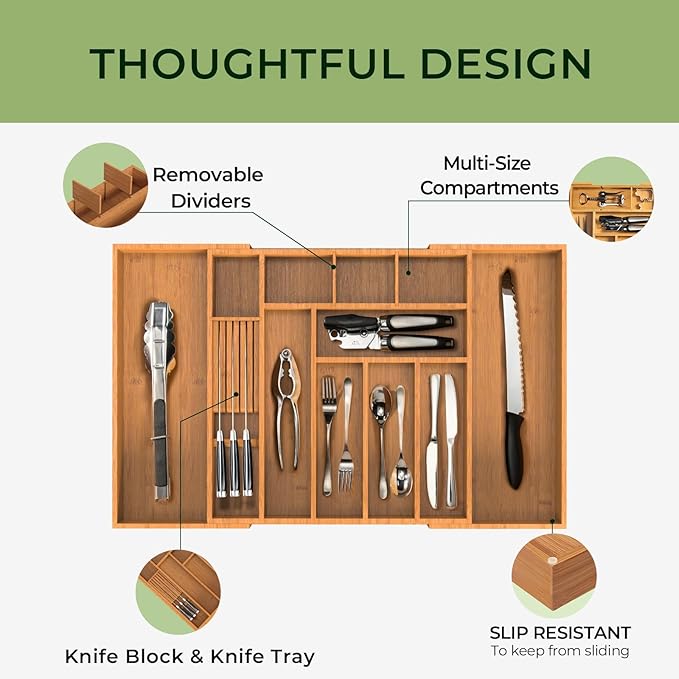 keechee Carbonized Large Bamboo Kitchen Drawer Organizer, 12 Slots Expandable Silverware Organizer, Utensil Holder & Cutlery Tray, 2.5" Deep for Extra Capacity, Non-Slip Feet Included
