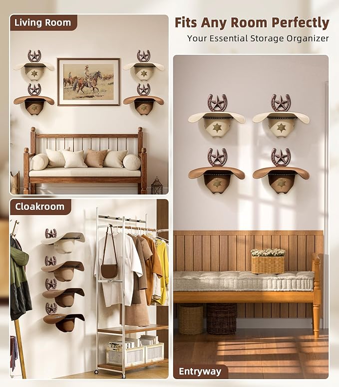 Cowboy Hat Holder Wall Mount, Metal Western Hat Rack for Wall, 4 Pack Cowboy Hat Hanger for Wide Brim Hats Fedora, Rustic Horseshoe Organizer for Closet Entryway Horse Trailer, Western Decor, Bronze