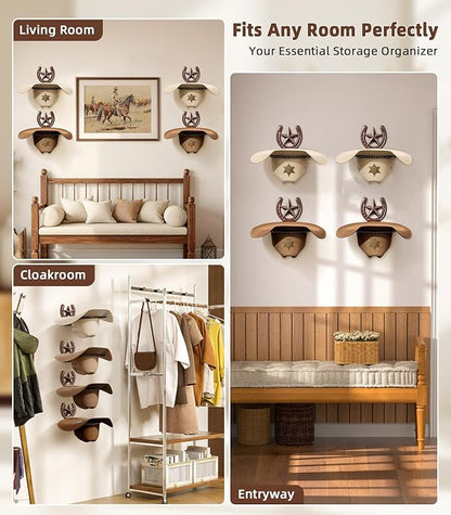 Cowboy Hat Holder Wall Mount, Metal Western Hat Rack for Wall, 4 Pack Cowboy Hat Hanger for Wide Brim Hats Fedora, Rustic Horseshoe Organizer for Closet Entryway Horse Trailer, Western Decor, Bronze