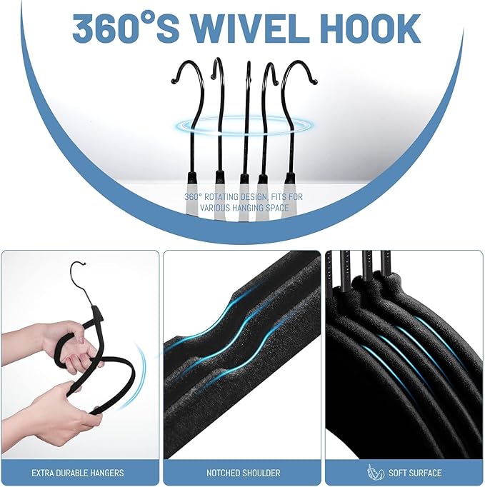 HOUSE DAY Black Velvet Hangers 60 Pack, Non Slip Felt Hanger, Slim Velvet Clothes Hangers for Suits, Shirt, Heavy Duty Coat Hanger for Closet