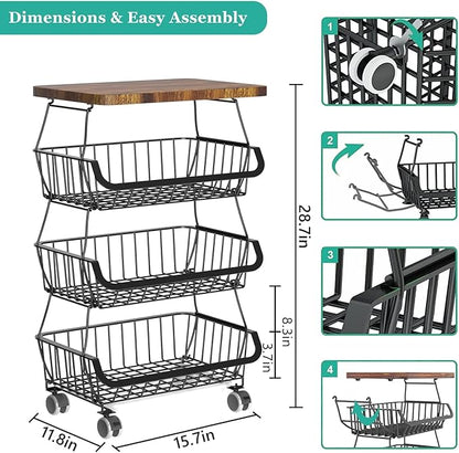 CHLORYARD Fruit Basket with Wooden Lid for Kitchen, 4-Tier Stackable Wire Fruit Vegetable Storage Basket Organizer Stand on Wheel, Produce Basket Potato Onion Storage Bins Rack Cart for Pantry