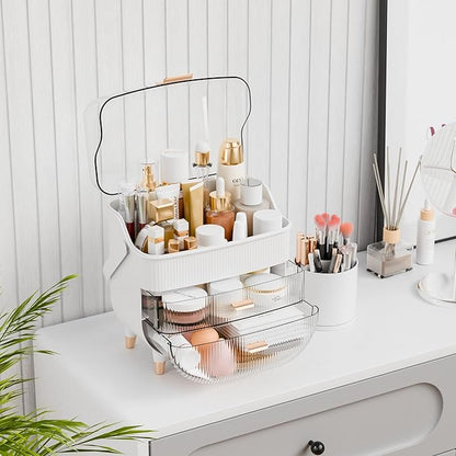 Yieach Countertop Makeup Organizer With Lid,Large Skincare Organizers With 2 Drawers,Dustproof Cosmetic Display Cases for Bathroom,Dresser,Lotion,Beauty,Skin Care Holder,Makeup Storage Organizer,Pink