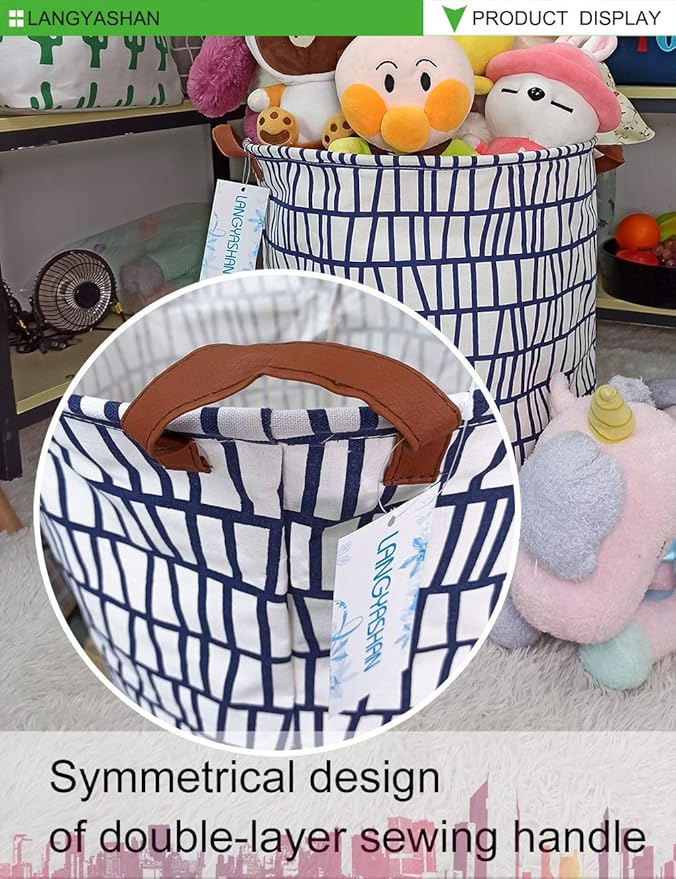 Laundry Basket Canvas Fabric Collapsible Organizer Basket for Storage Bin Toy Bins Gift Baskets Bedroom Clothes Children Nursery Hamper (Blue Stripes)