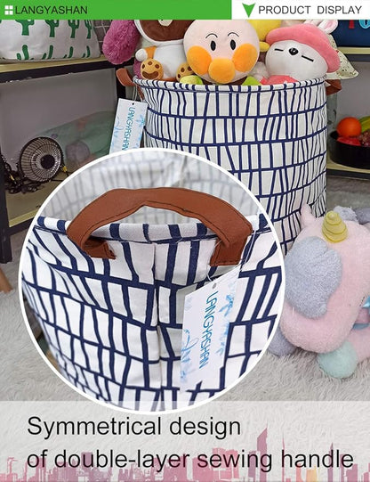 Laundry Basket Canvas Fabric Collapsible Organizer Basket for Storage Bin Toy Bins Gift Baskets Bedroom Clothes Children Nursery Hamper (Blue Stripes)