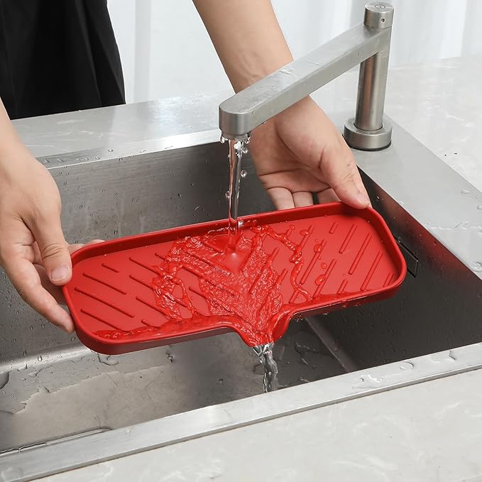 MicoYang Silicone Bathroom Soap Dishes with Drain Spout-Bathroom and Kitchen Sink Organizer,Sponge Holder,Dish Soap Tray,Perfect for Dispenser,Scrubber,Bottle,Cup on Sink or Counter-Red 12"×4"