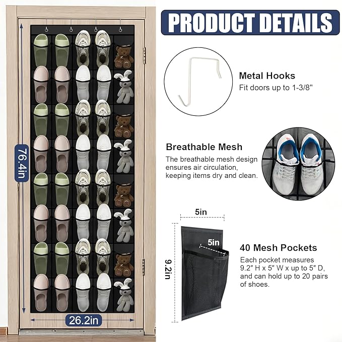 Over the Door Shoe Organizer - 40 Large Breathable Mesh Pockets, Space Saving Hanging Shoe Organizer with Metal Hooks, Hanging Shoe Rack for Men's and Women's Shoes (Black)