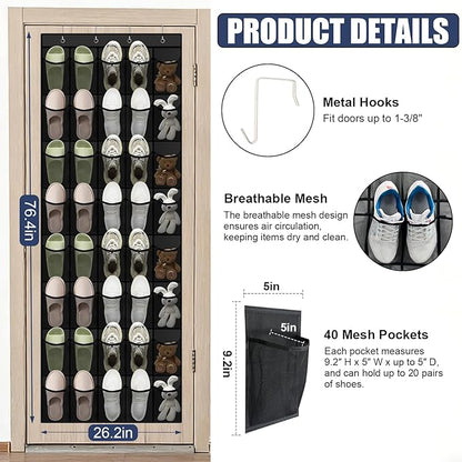 Over the Door Shoe Organizer - 40 Large Breathable Mesh Pockets, Space Saving Hanging Shoe Organizer with Metal Hooks, Hanging Shoe Rack for Men's and Women's Shoes (Black)