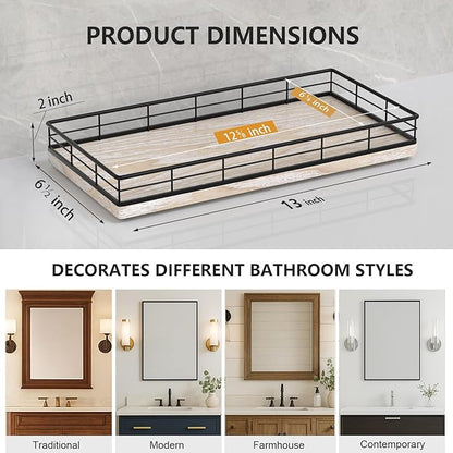 Toilet Paper Basket Organizer – Ash Wood Toilet Tank Tray with Metal Frame, Bathroom Counter Top Storage for Toilet Paper Wipes & Decor, Modern Narrow Back of Tank Shelf Organizer, Black & Whitewashed