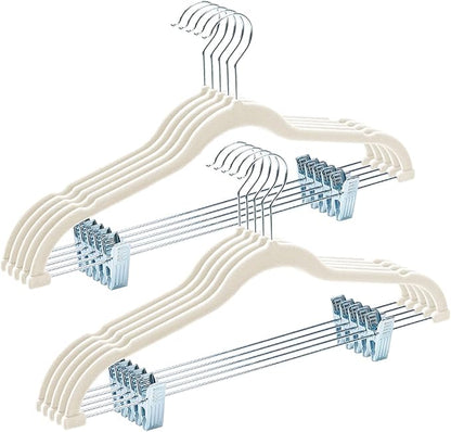 HOUSE DAY Velvet Hangers with Adjustable Clips 10 Pack, Non-Slip Suit Organizer with 360° Hook - Heavy Duty Hanger for Pants, Skirts, Blouses, Dresses - Outfit Hangers All-Season Space Saver (Ivory)
