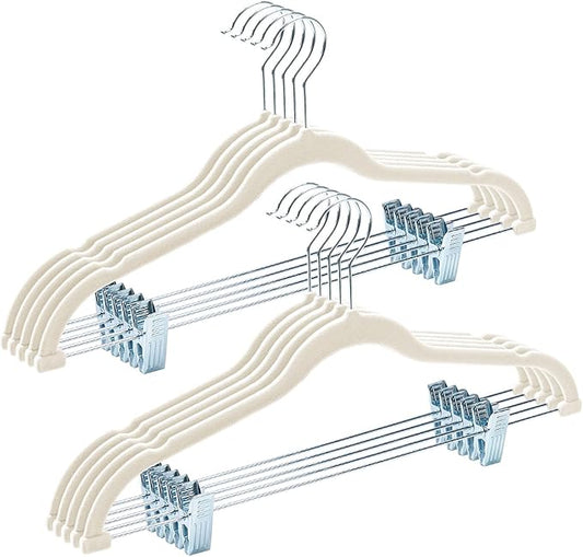 HOUSE DAY Velvet Hangers with Adjustable Clips 10 Pack, Non-Slip Suit Organizer with 360° Hook - Heavy Duty Hanger for Pants, Skirts, Blouses, Dresses - Outfit Hangers All-Season Space Saver (Ivory)