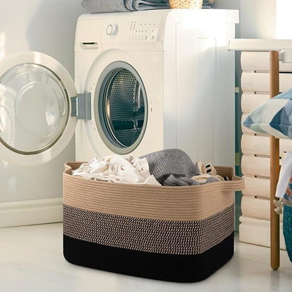 OIAHOMY Extra Large Blanket Basket, 95L Cotton Rope Woven Laundry Basket, Toy Bin for Baby Room, Container for Blanket Storage in Living Room, 24''×17''×14'', Brown & Black