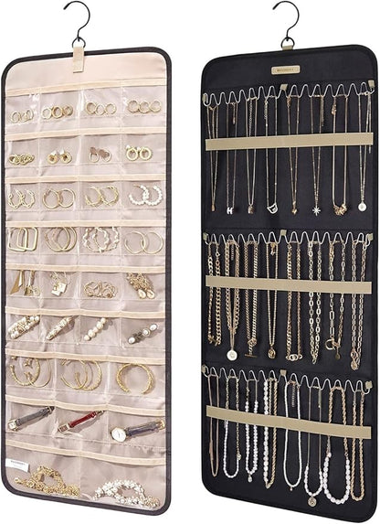 Hanging Jewelry Organizer Storage Roll with Hanger Metal Hooks Double-Sided Jewelry Holder for Earrings, Necklaces, Rings on Closet, Wall, Door 33 * 14IN (Black)