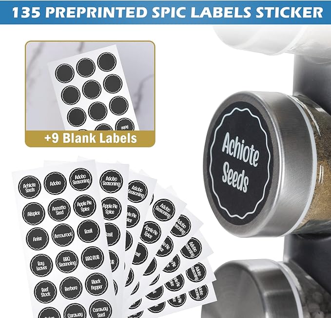 Tianifa Black Countertop Revolving Spice Rack, Empty 20-Jars Rotating Spice Rack Organizer, Round Carousel Tower, 135 Spice Labels with Funnel Complete Set, for Kitchen Countertop, Cabinet