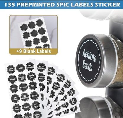 Tianifa Black Countertop Revolving Spice Rack, Empty 20-Jars Rotating Spice Rack Organizer, Round Carousel Tower, 135 Spice Labels with Funnel Complete Set, for Kitchen Countertop, Cabinet