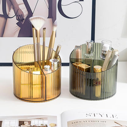 DASITON 3 Slots Makeup Brush Holder, Acrylic Makeup Brush Cup, Vintage Striped Make Up Brush Holder for Vanity Decor, Bathroom Countertops, Desk Storage Container, Cosmetic Display Cases (Yellow)