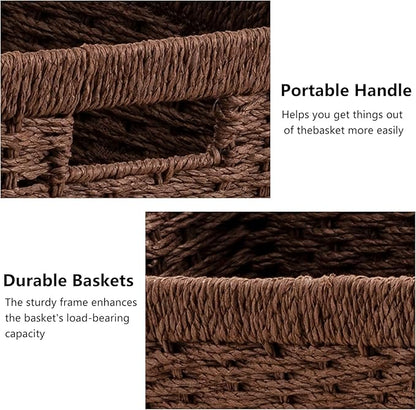 joybest Wicker Storage Baskets, 2pack Hand-Woven Paper Rope Wicker Baskets for Organizing, Foldable Rectangular Storage Organizer Bins for Shelves with Built-in Handles 13.4L x 8.3W x 7.1H, Dark Brown