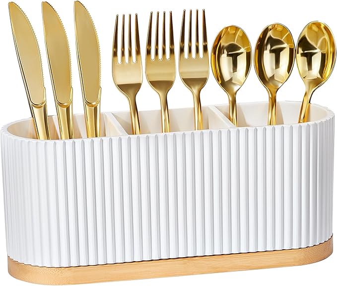 HouseJoy Countertop Silverware Holder, Silverware Caddy Organizer Holder for Forks, Spoons, Knives, Cutlery Caddy with 3 Compartments, Kitchen Utensil Holder for Party, Countertop