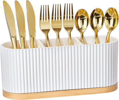 HouseJoy Countertop Silverware Holder, Silverware Caddy Organizer Holder for Forks, Spoons, Knives, Cutlery Caddy with 3 Compartments, Kitchen Utensil Holder for Party, Countertop