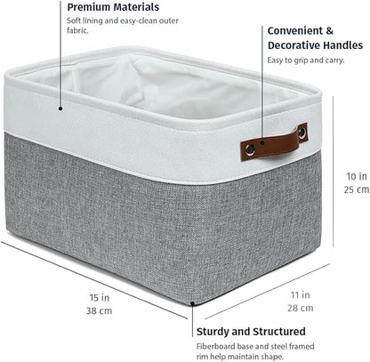 OrganiHaus 15x11in Canvas Storage Baskets 3 Pack | LARGE Fabric Bins for Shelves | Closet & Bedroom Storage | Gray/Off-White