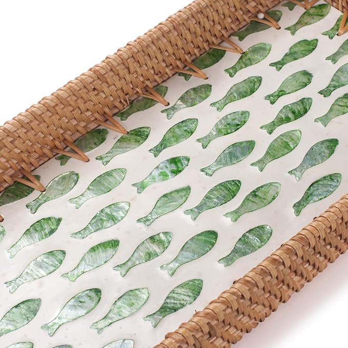 2 Pack Rattan Bathroom Vanity Tray with Mother of Pearl Inlay, Toilet Tank Tray, Toilet Basket Tank Topper, Bathroom Basket for Organizing and Decor (Green Fish)
