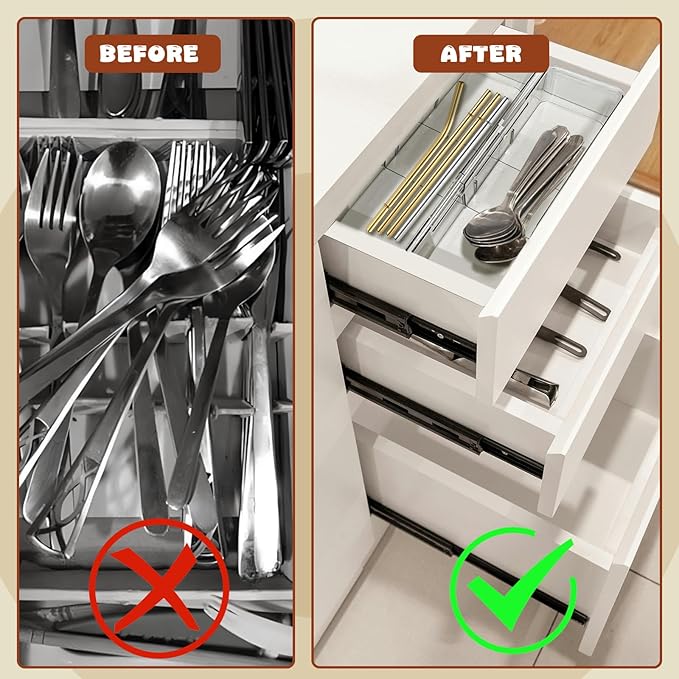 Expandable Straw Organizer Drawer Holder for Cabinet，Deep Drawer Organizer Kitchen Cabinet Organizer detachable compartments Fits for Stanley Long Straw(Transparent