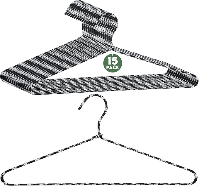 GlikCeil 15 Pcs Fabric Wrapped Metal Hangers Covered Wire Hanger Metal Coat Hangers Non Slip for Clothes Closet Clothing Suit Shirt Pant (Black and White,Chevron Style)